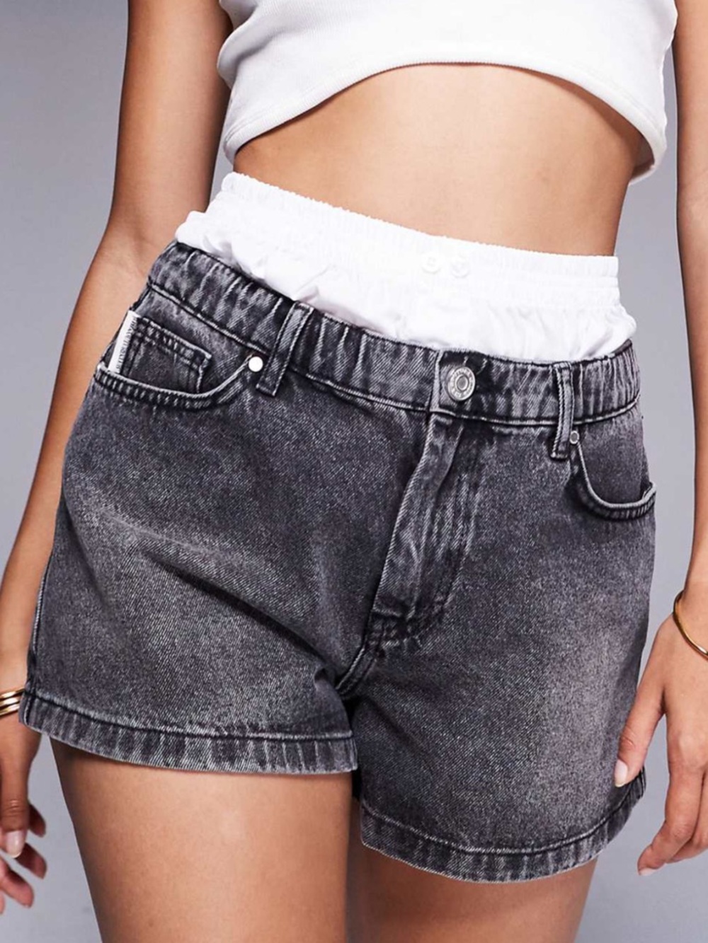 High-Rise Washed Black Jean Shorts - boxer detail